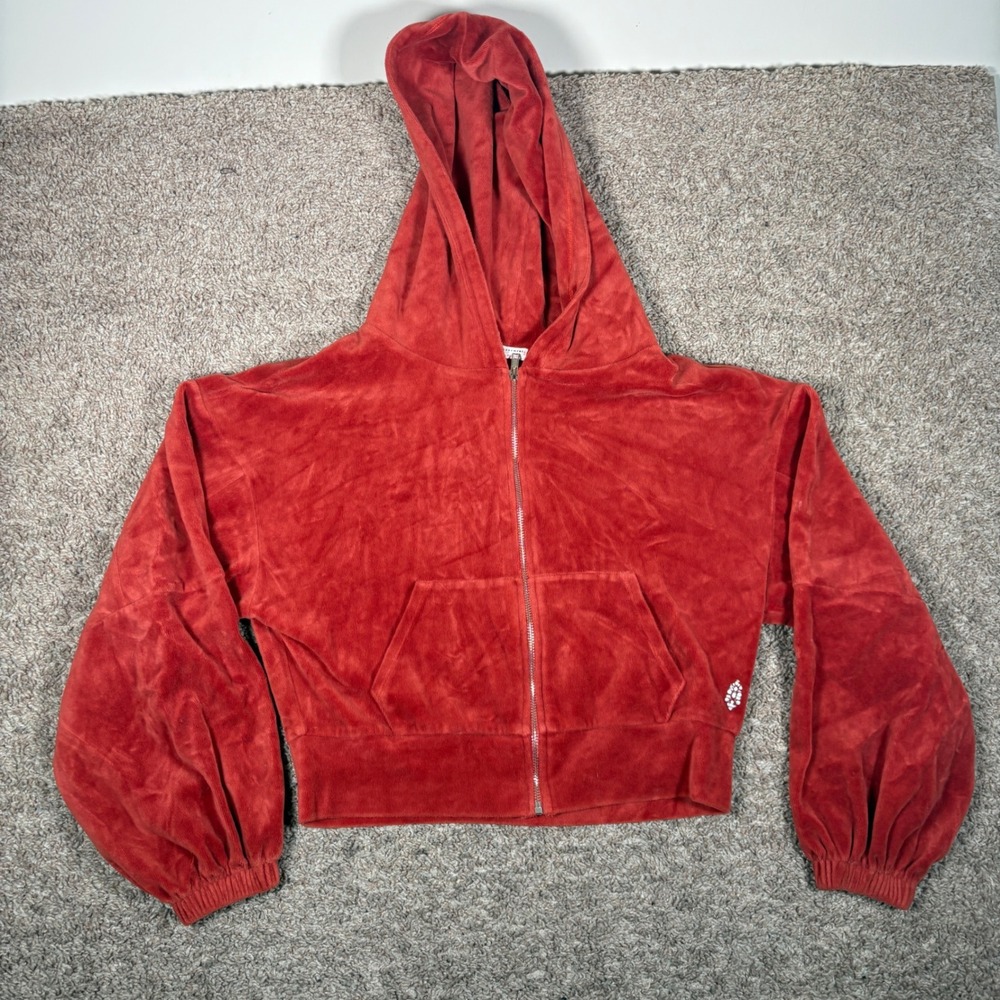 FP Movement Free People Women Red‎ Velour Cropped Zip Up Hoodie Sweatshirt S